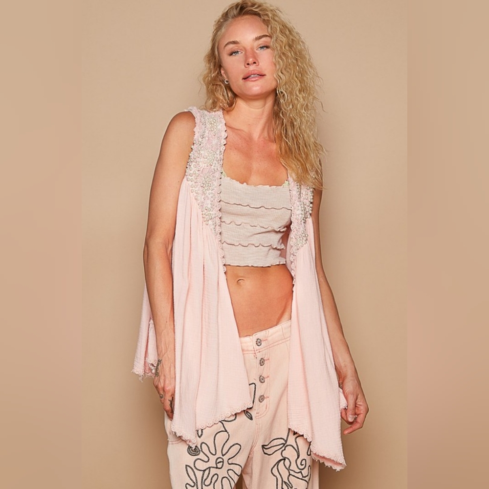 POL Lace Pearl Embroidered Patchwork Boho Vest Gauze Raw Hem Sleeveless Cardigan - Picture 6 of 16